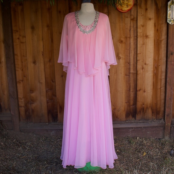 Vintage 1970's Mike Benet Formals Bubblegum Pink Chiffon Maxi Caplet Jewel Dress - Picture 1 of 17